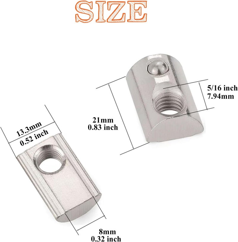 Matrelt 15-Piece 5/16"-18 Spring-Loaded T-Nuts with Ball Bearings Silver Zinc Plated Carbon Steel Spring T Slot Nut for 4040 Series/Slot 8 Aluminum Extrusions - Image 2